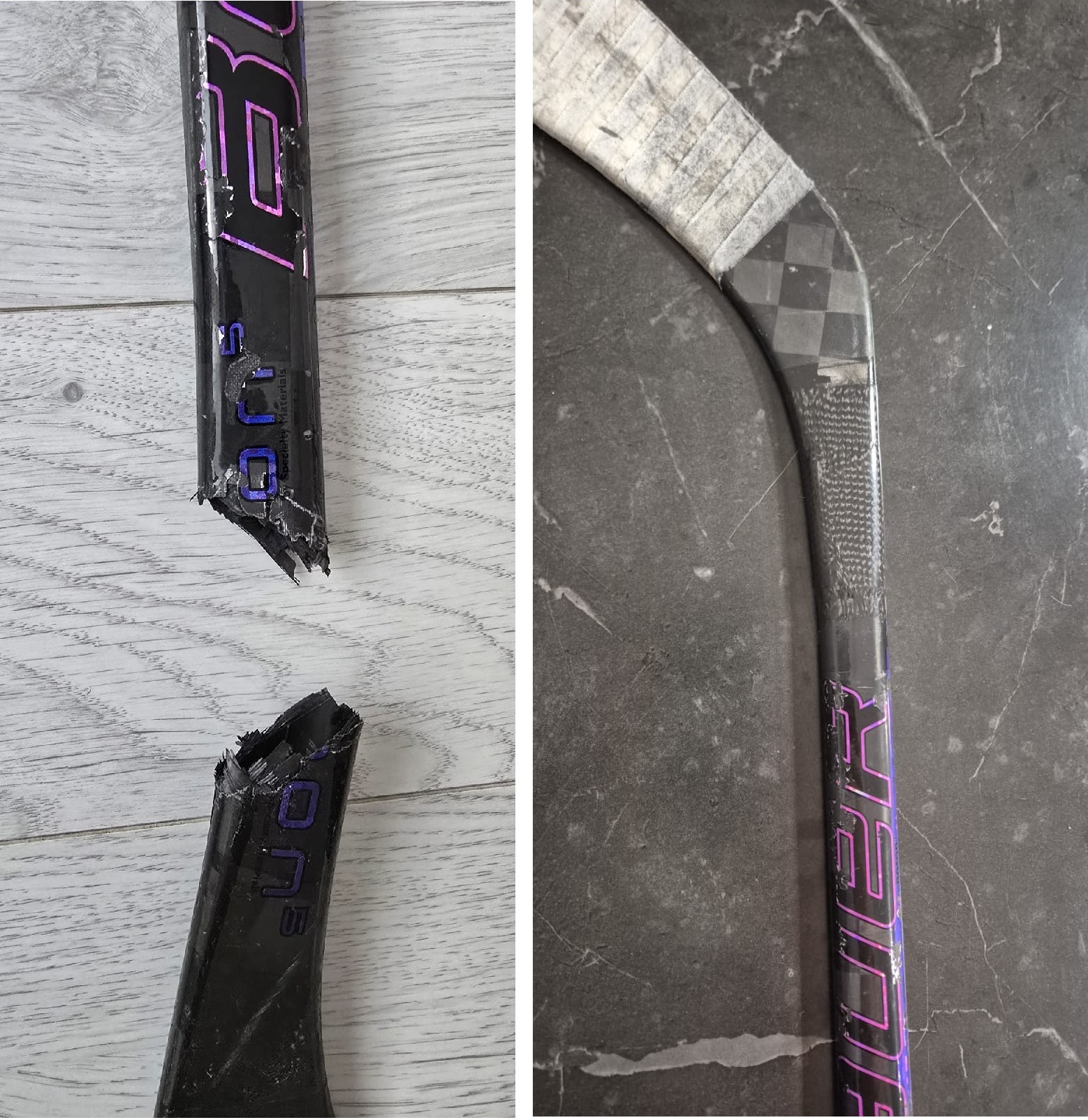 Jäälkiekkomailan alavarsi korjaus. ennen korjausta ja jälkeen korjauksen.